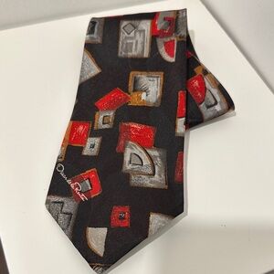 Oscar de la Renta Black Geometric Silk Tie - Red & Gray Accents